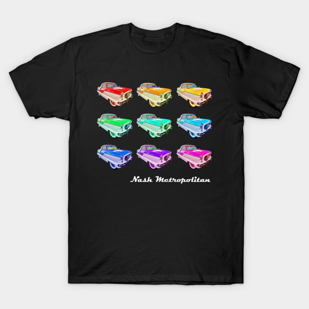 Nash Metropolitan (rainbow colors in a grid + name in white) - classic vintage cars reimagined T-Shirt by retrografika